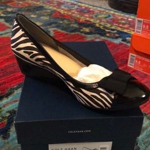 Cole Haan Tali zebra hair calf and patent wedge